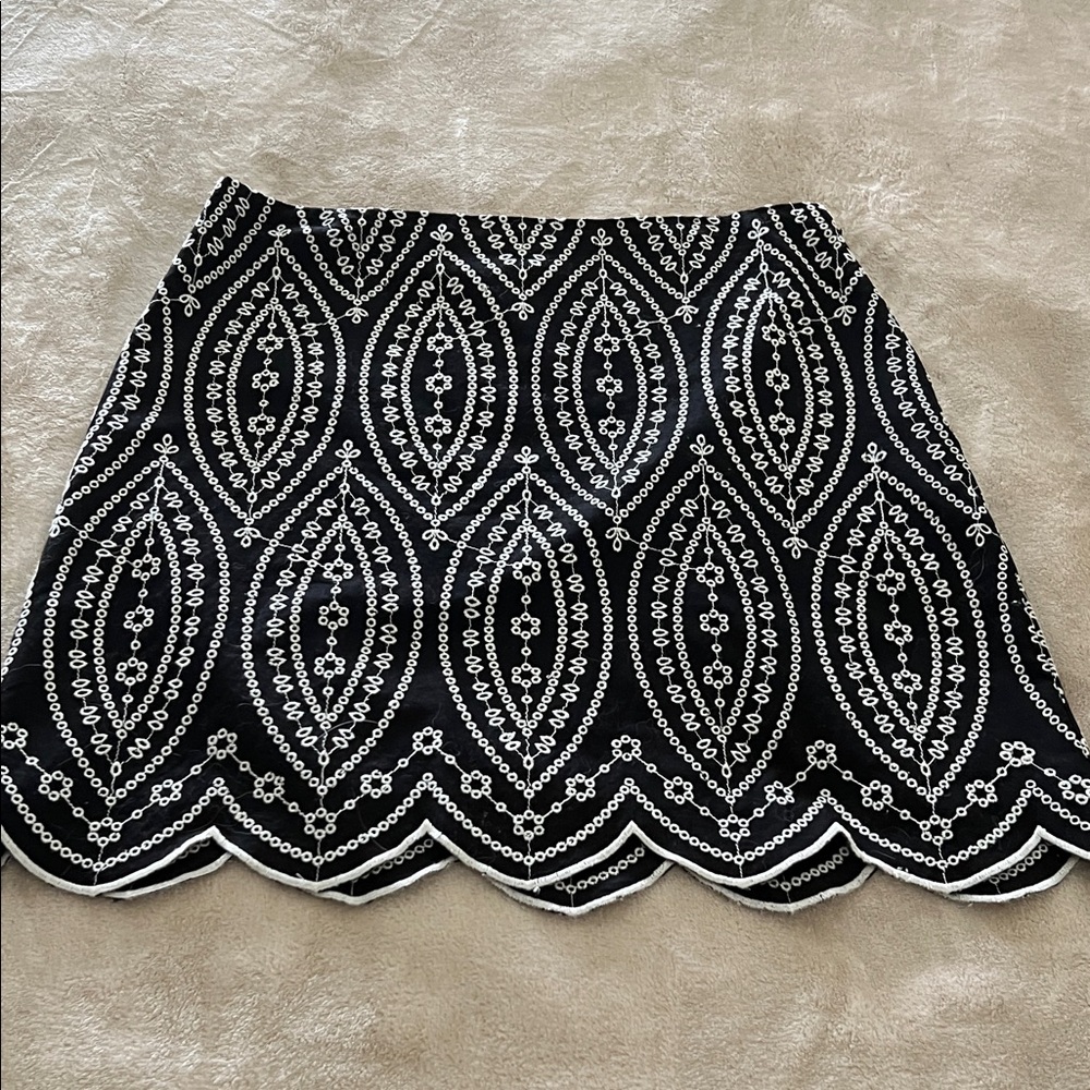 LOFT Black Mini Skirt with White Embroidered Pattern